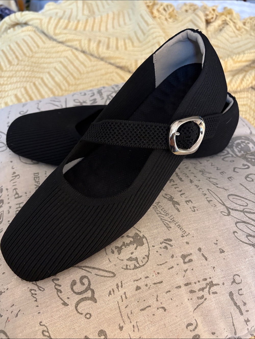 Comfort-Style Black Mary Jane Fabric Flats with Silver Buckle - Size 11.5/12 W